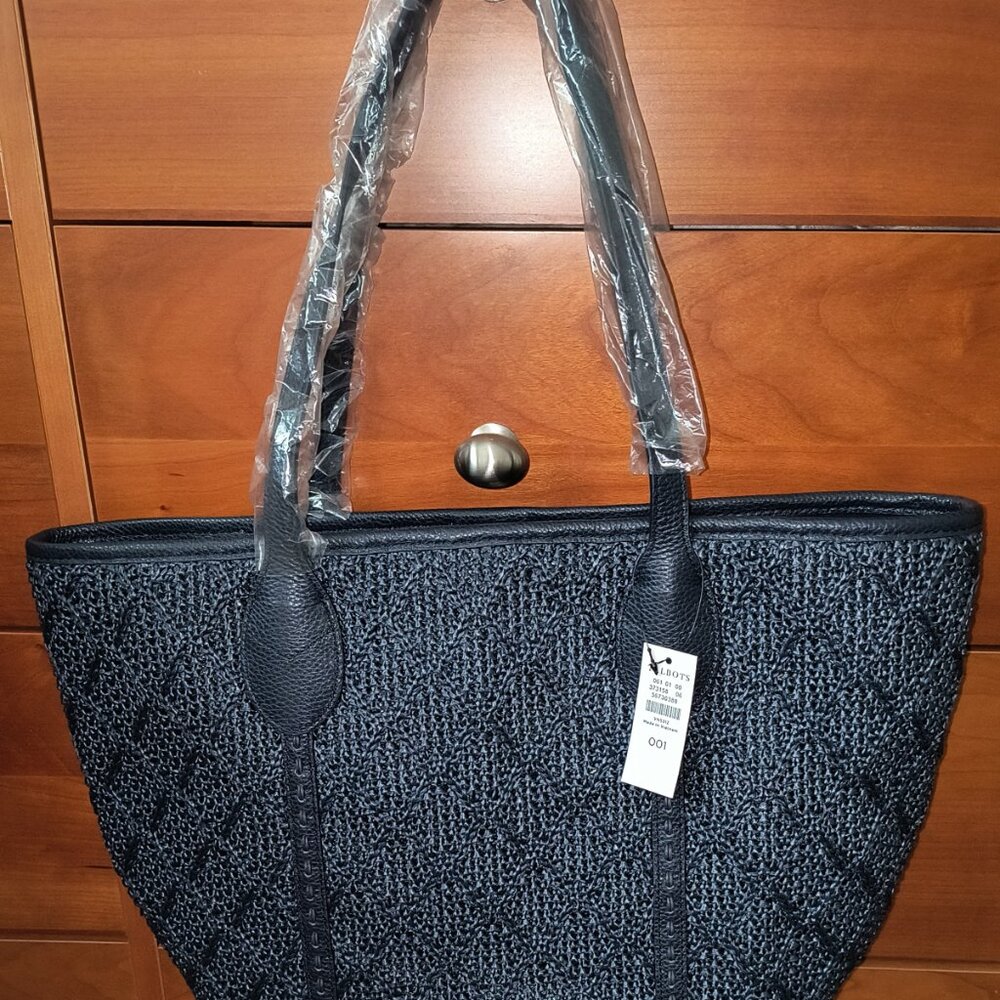 Talbots Blue Leather Trim Straw Tote